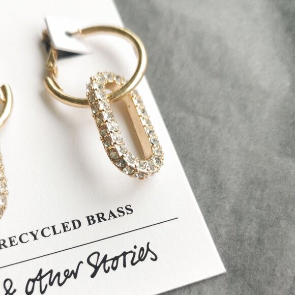 & Other Stories Gold Crystal Oval Hoop Earrings Elegant Jewelry - Picture 2 of 3